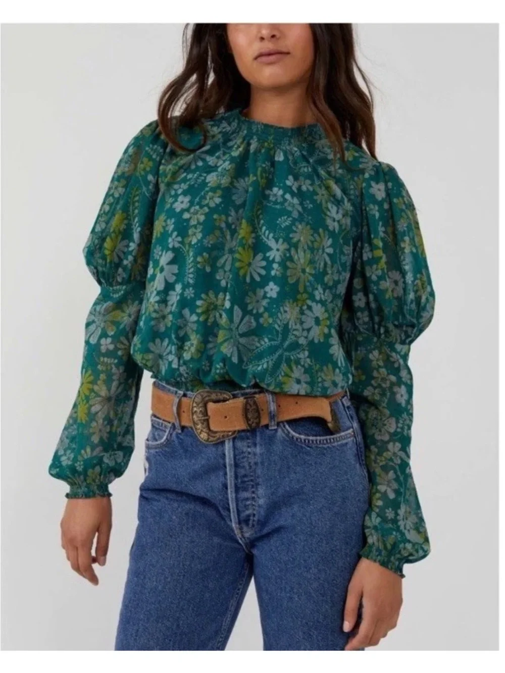 Free People Clarissa Green Sea Floral Puff-Sleeve Blouse
